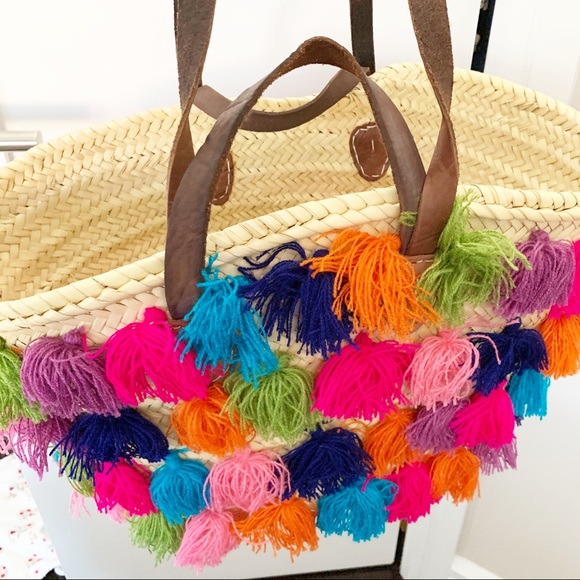 Bags Bright Multi Colorful Tassel Straw Beach Tote Bag Poshmark